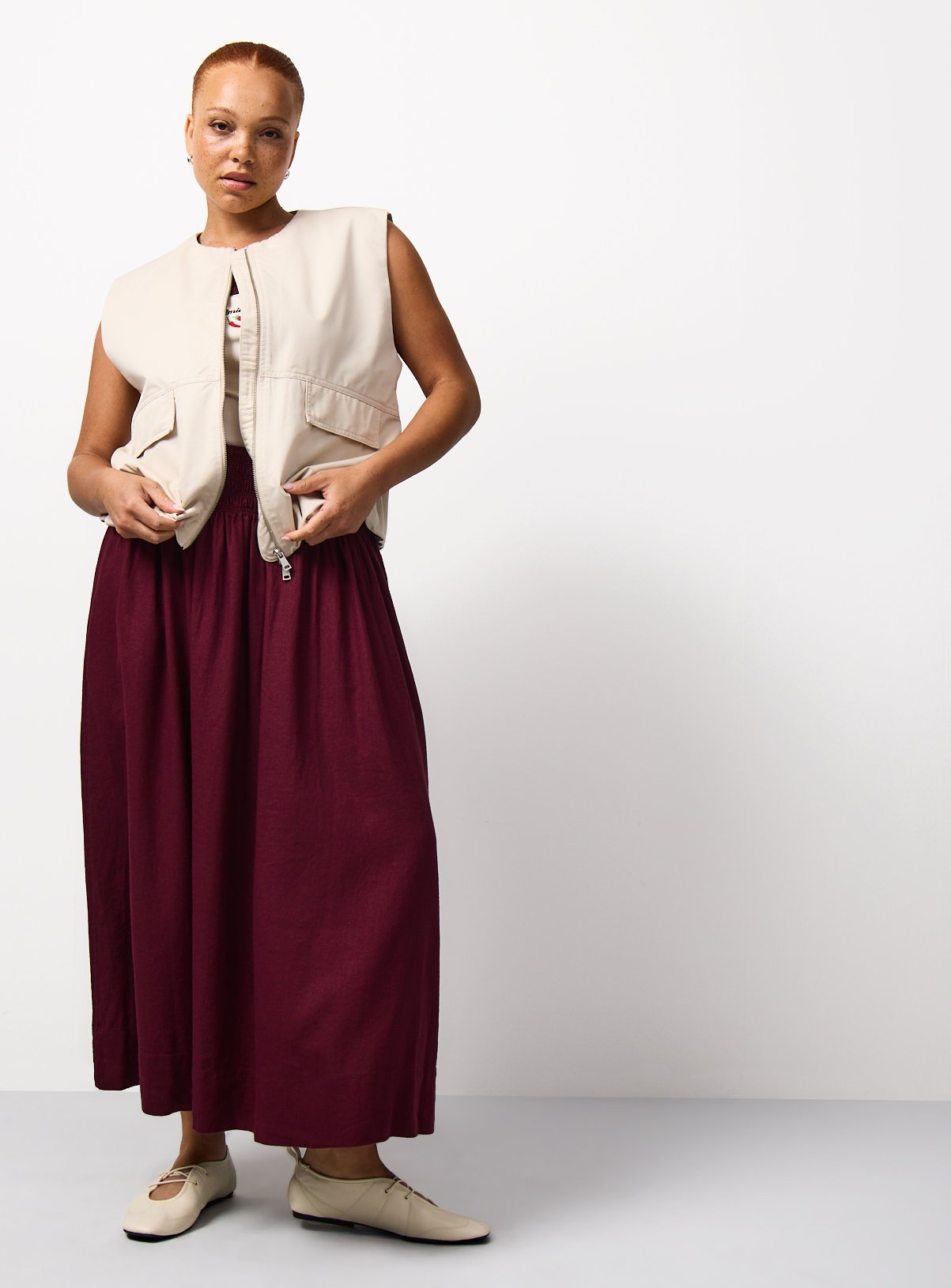 Dark Red Linen Rich Shirred Waist Midaxi Skirt 16 - Image 2 thumbnail